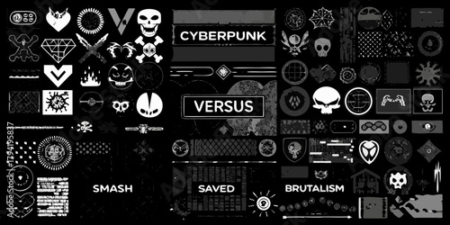 Cyberpunk versus smash saved brutalism collection of dark futuristic icons and symbols