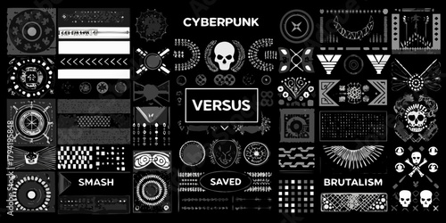 Cyberpunk themed collection of graphic elements and icons with skulls versus smash and saved text