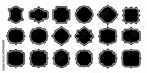 Collection of diverse black decorative ornate frames and labels with white outlines on a white background