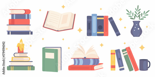 Collection of colorful stacked and open books with a candle vase and mug on a white background