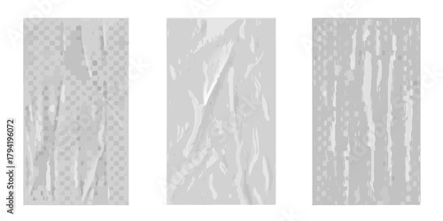 Three abstract textured backgrounds with vertical folds and crumpled paper effects in shades of gray