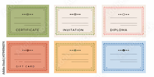 Collection of six colorful decorative blank certificates invitations diplomas and gift cards for various occasions