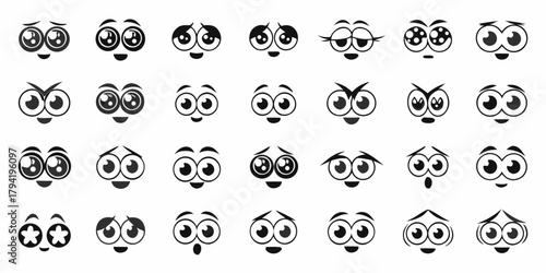 Collection of diverse cartoon eyes and mouths expressing various emotions and moods in a flat design style