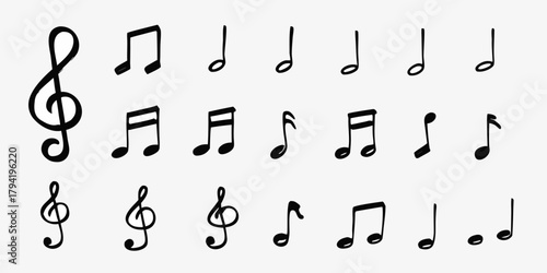 Collection of hand drawn black music notes and treble clefs on white background