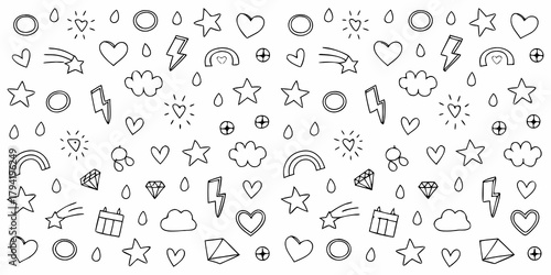 A whimsical doodle pattern featuring hand drawn hearts stars clouds rainbows lightning bolts and raindrops on a white background
