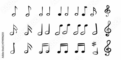 Collection of hand drawn black music notes and symbols on a white background