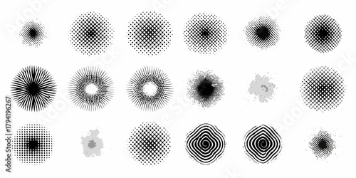Collection of abstract circular graphic design elements and textures in black and white