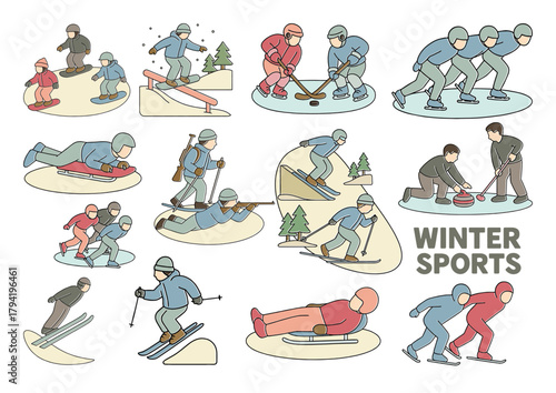 冬のスポーツアクティビティ イラストセット、Winter Sports Activities Illustration Set
