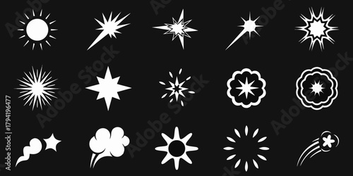 Collection of white starbursts and explosions on a black background
