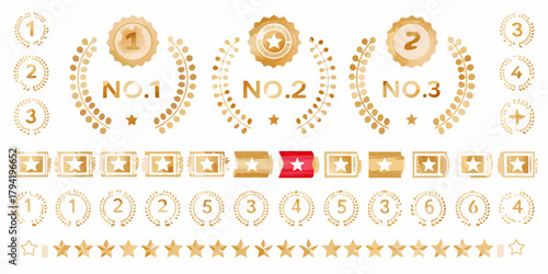 Collection of golden ranking badges laurel wreaths stars and award ribbons for first place