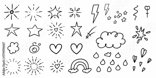 Collection of hand drawn doodle elements including stars hearts lightning bolts clouds rainbow and raindrops