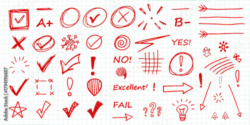 Collection of hand drawn red checkmarks crosses circles exclamation points and text on a grid paper background