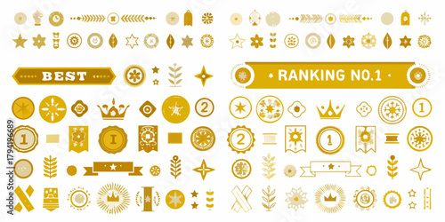 Collection of golden badges ribbons and icons for awards and rankings