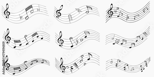 Collection of nine flowing musical staffs with various notes and clefs on white background