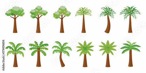Collection of stylized tropical trees and palm trees with green foliage and brown trunks