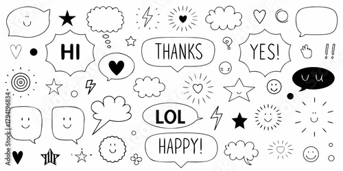 Collection of hand drawn doodle speech bubbles with positive messages and cute icons