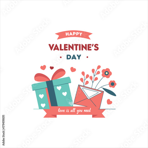 Happy Valentine’s Day Greeting Design with Gift Box, Envelope, and Flowers on White Background