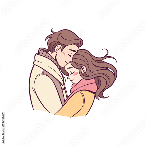 Romantic Couple Hugging in Winter – Love and Affection Illustration