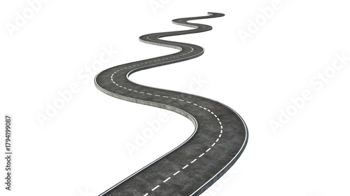An isolated winding asphalt road with white lane markings meanders across a stark black background creating a visual metaphor for a long journey