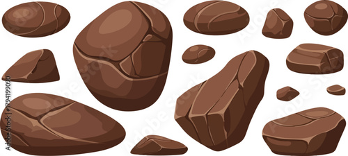 Collection of brown rocks isolated on transparent background