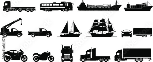 Transportation vehicle silhouettes vector illustration, trucks, ships, motorcycles, cars, and boats collection for logistics, travel, cargo shipping, and delivery industry design concept