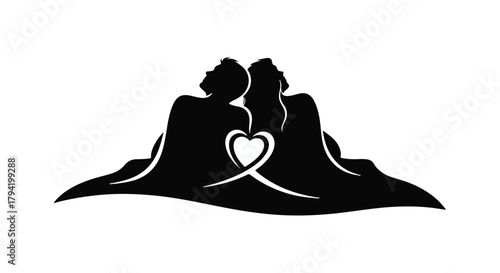 Silhouette of two people embracing with a heart symbol representing love and connection.