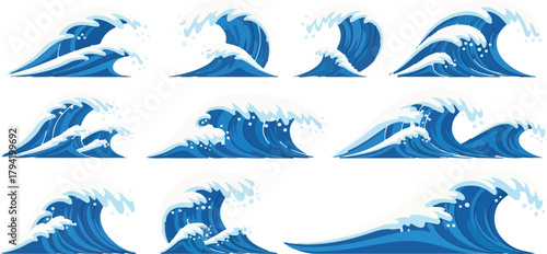 Set of ocean waves isolated on transparent background