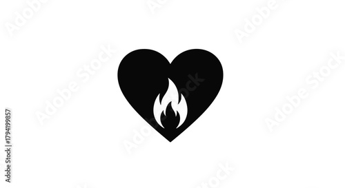 Fiery passion burns within a black heart symbol on a white background