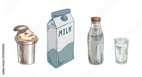 Hand drawn vintage dairy product set with milk carton glass bottle cream cup and filled milk glass illustration
