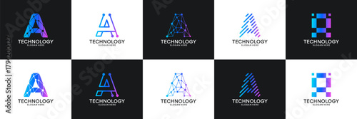 Set of initial letter A technology circuit connection digital data network logo design inspiration.