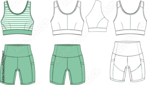 Women’s activewear technical flat sketch showing sports bra and shorts, front back side views, seamless vector fashion template, fitness apparel illustration, white background