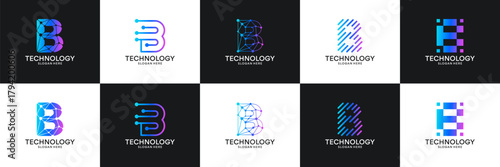 Set of initial letter B technology circuit connection digital data network logo design inspiration.