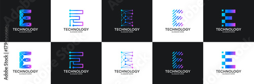 Set of initial letter E technology circuit connection digital data network logo design inspiration.