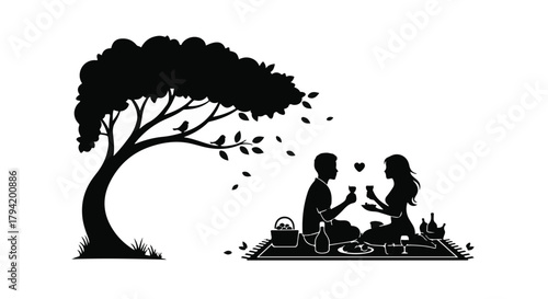 Romantic couple enjoys a quiet picnic under a large, leafy tree, sharing drinks and heartfelt moments.