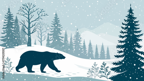 Majestic bear strolling through a serene snowy winter wonderland, evergreen trees covered in snow, perfect for holiday cards and winter themed designs