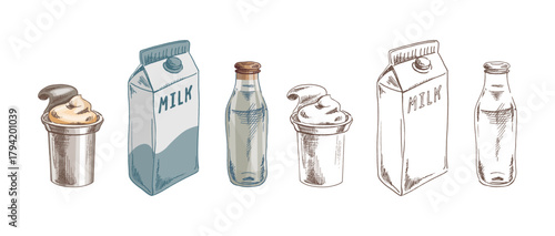 Hand drawn vintage sketch of milk carton, glass bottle and soft cream cup in pastel dairy illustration style