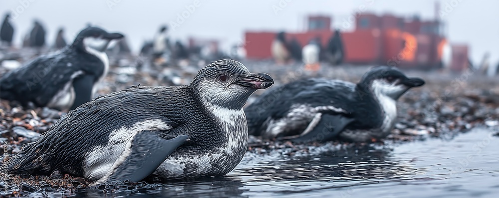 Fototapeta premium Seabird coated in crude oil struggles to survive — a heartbreaking result of ocean oil spills