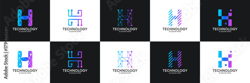 Set of initial letter H technology circuit connection digital data network logo design inspiration.