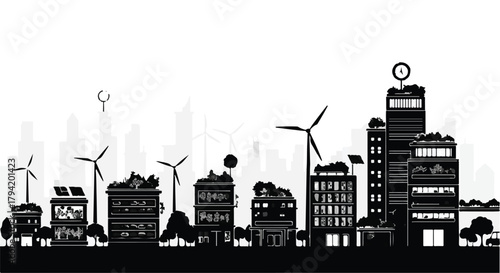 Futuristic eco-friendly city skyline powered by renewable energy.