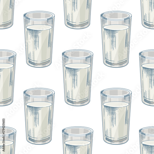 Hand drawn vintage seamless pattern of milk drink in clear glass with pastel colors and textured sketch style