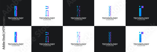 Set of initial letter I technology circuit connection digital data network logo design inspiration.