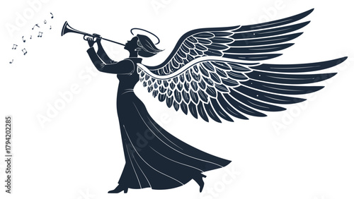 Graceful angel blowing trumpet with halo spreading musical joy, a symbol of peace and divine inspiration, perfect for holiday designs and spiritual themes