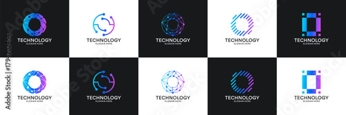 Set of initial letter O technology circuit connection digital data network logo design inspiration.