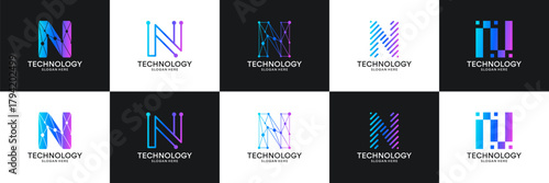 Set of initial letter N technology circuit connection digital data network logo design inspiration.