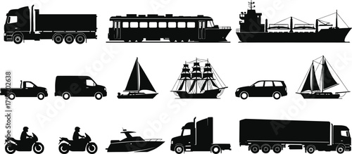 Transportation vehicle silhouette set with truck, ship, train, motorcycle, van, sailboat, and car, black vector illustration for travel, delivery, and transport design