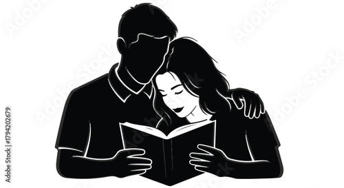 Couple sharing a tender moment reading a book together, feeling connected and peaceful.