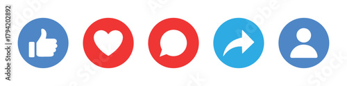 Like, comment, share icon buttons and Thumbs up and love heart flat icon in modern circle and speech bubble shapes , Social media notification icons. emoji post reactions set. Vector