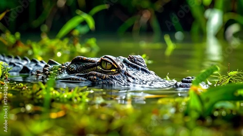 Caiman lurking in the water, close-up of its eye and snout, surrounded by green foliage.