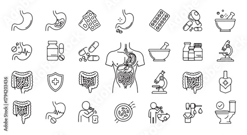 Set of digestive system icons thin line vector illustration for medical and healthcare design isolat
