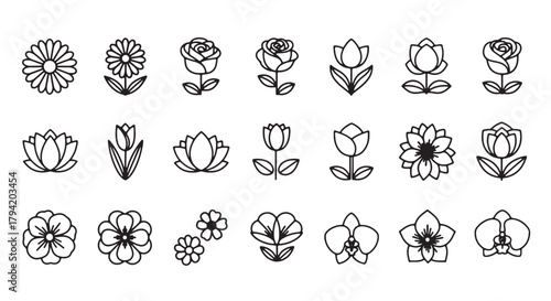 Set of minimalist flower icons simple line art vector design floral elements for spring and summer t